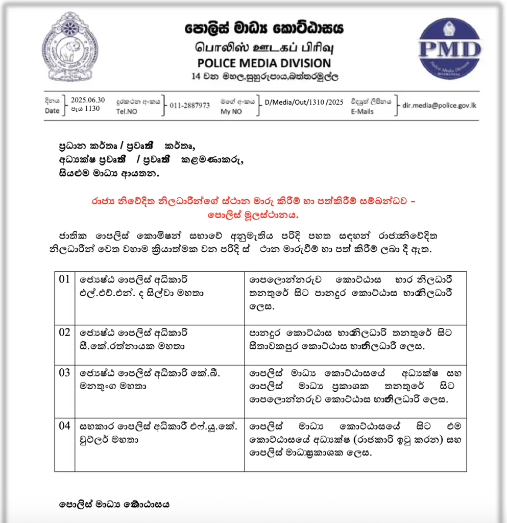 තවත් පොලිස් ලොක්කෝ කිහිප දෙනෙකුට ස්ථාන මාරුවීම්! 8 තවත් පොලිස් ලොක්කෝ කිහිප දෙනෙකුට ස්ථාන මාරුවීම්!